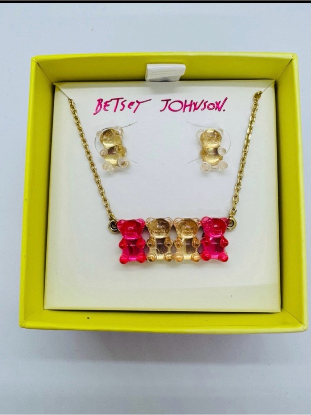 Betsey Johnson Gold Tone Necklace & Earrings with Pink and Gold Gummy Bears